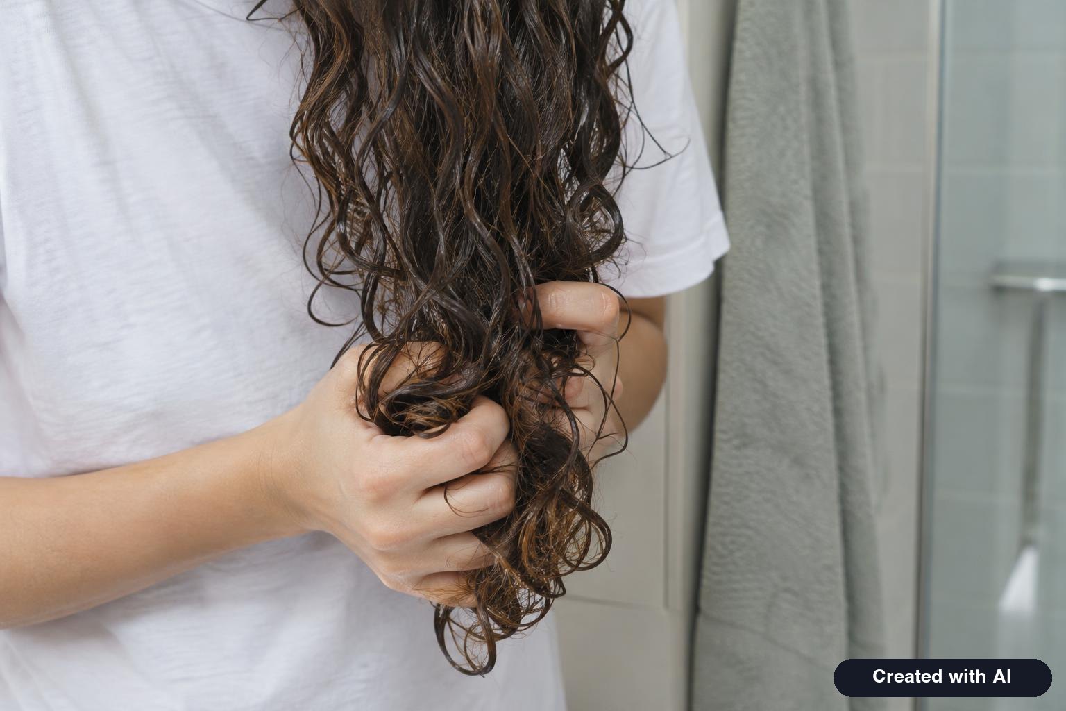 Hands scrunching wavy hair with a cotton T-shirt, face not visible