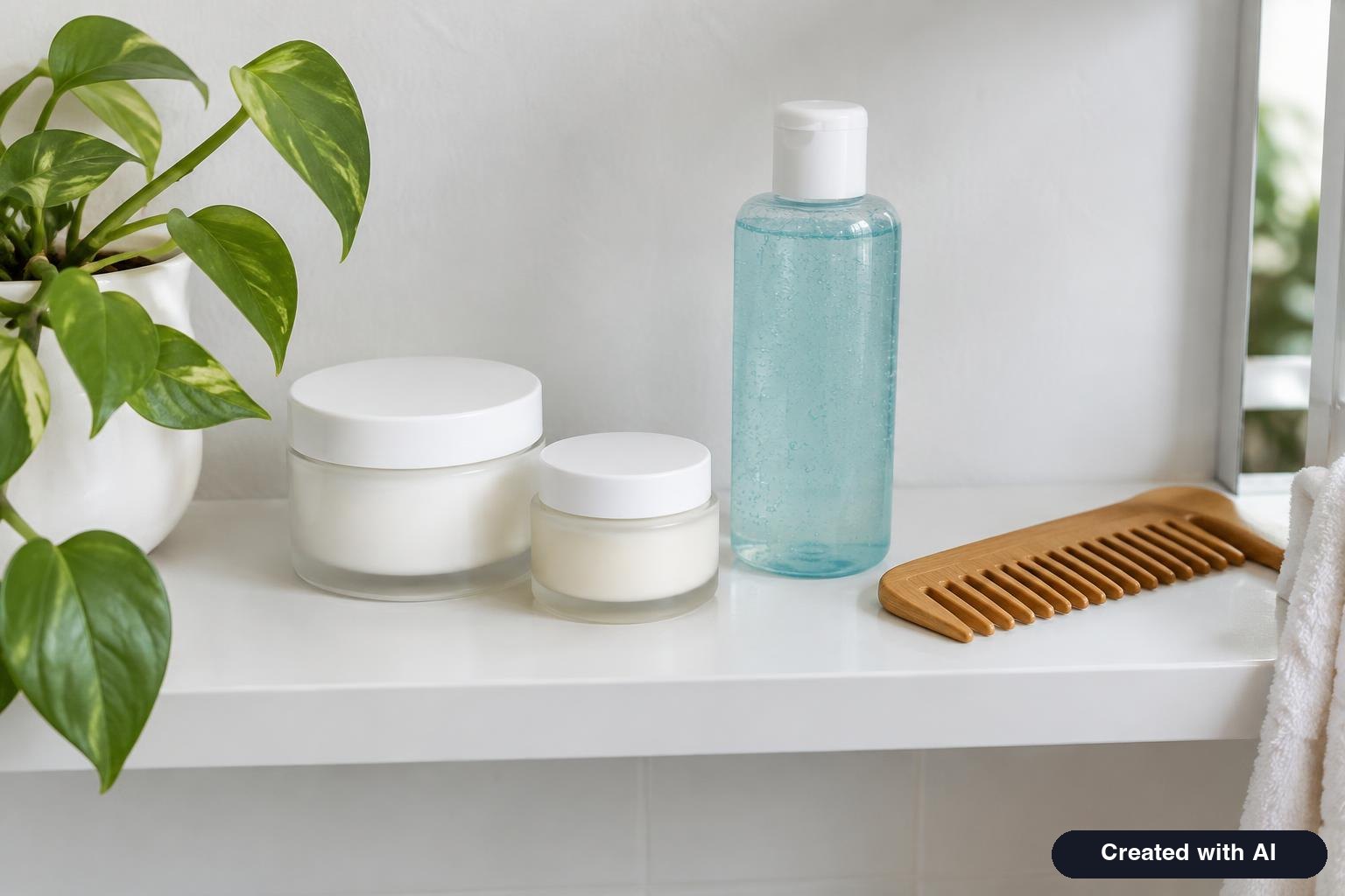 Curly hair products and a wide-tooth comb on a bathroom shelf