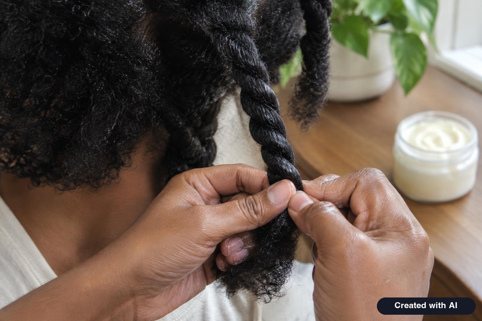 Hands twisting a section of coily hair, face not visible