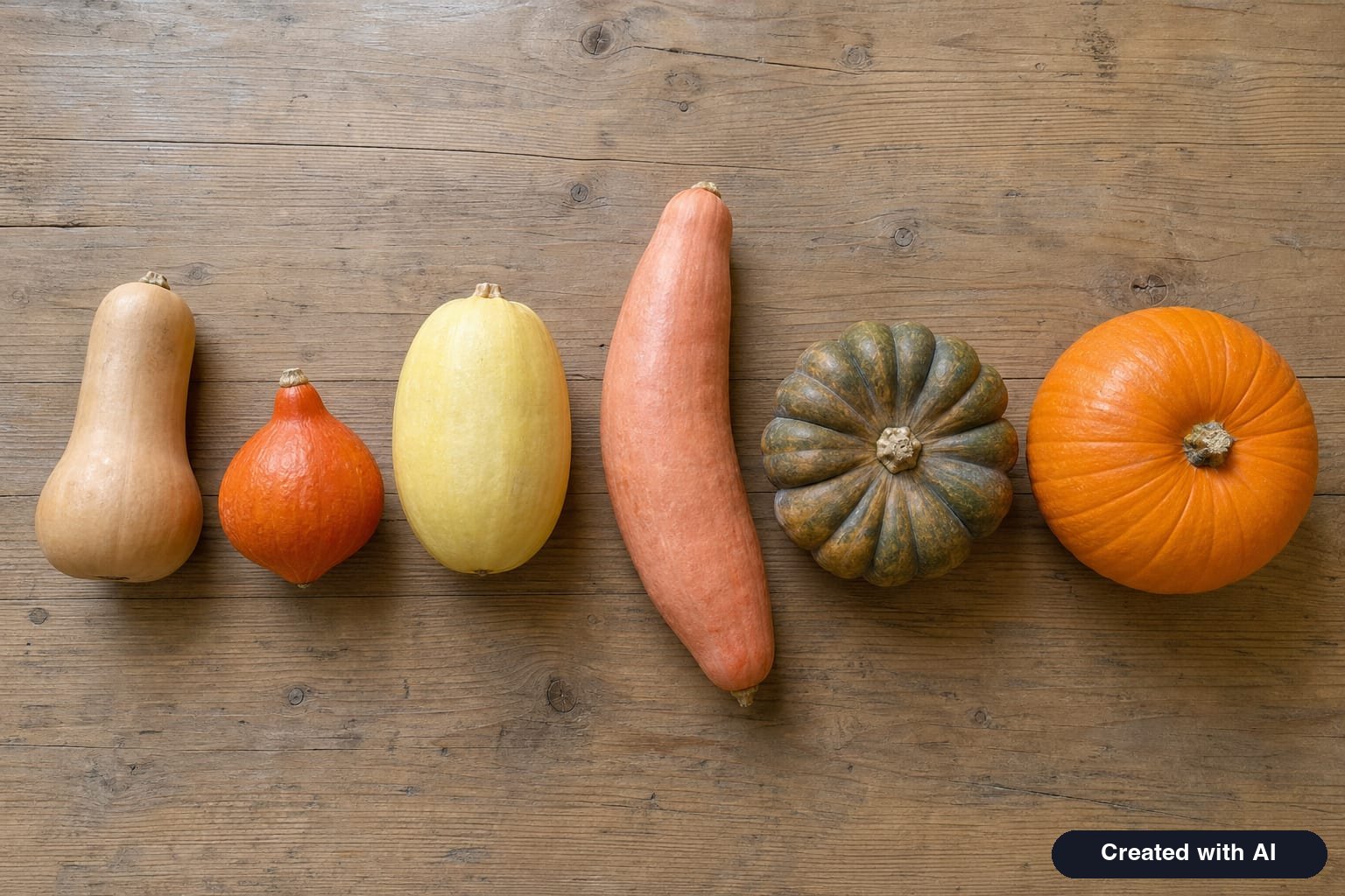 Types of pumpkins on a wooden table: butternut, muscat, Hokkaido, spaghetti, banana, and giant pumpkin