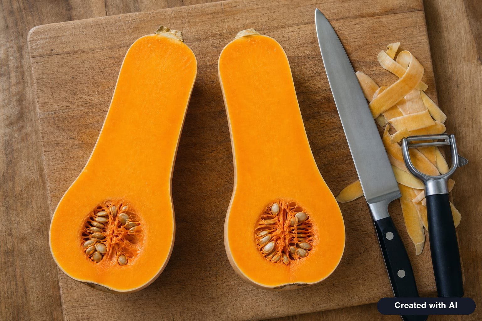 Butternut squash cut lengthwise: dense orange flesh in the neck and a small seed cavity in the bottom part