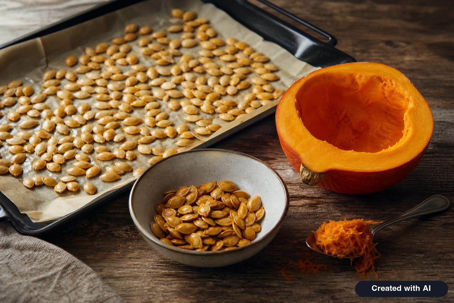 Seeds scooped out of a pumpkin: washed and spread to dry on parchment paper next to a halved Hokkaido pumpkin