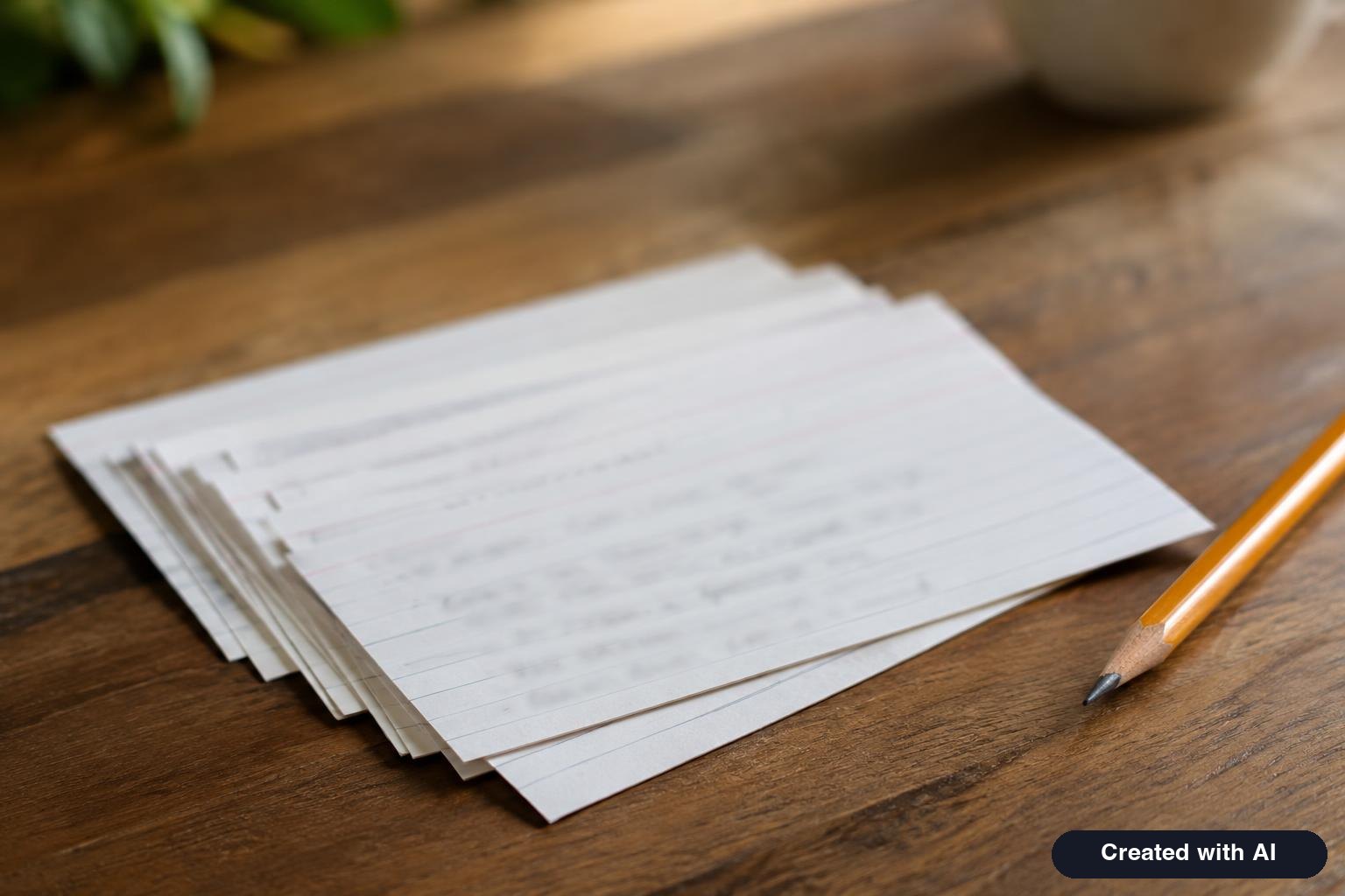 Handwritten flashcards about American history and government spread across a wooden table with a pencil
