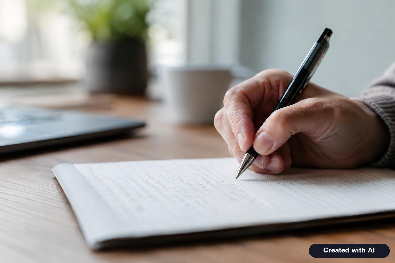 A hand writing a sentence on lined paper with a pen during a quiet office appointment