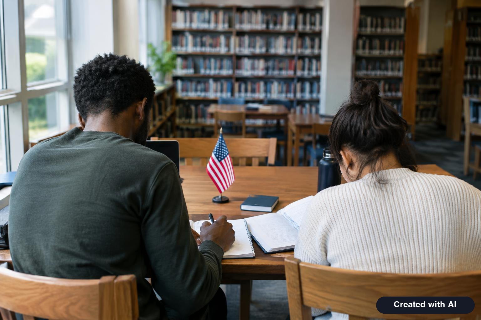 Two adults studying together at a public library table with open notebooks and a small American flag