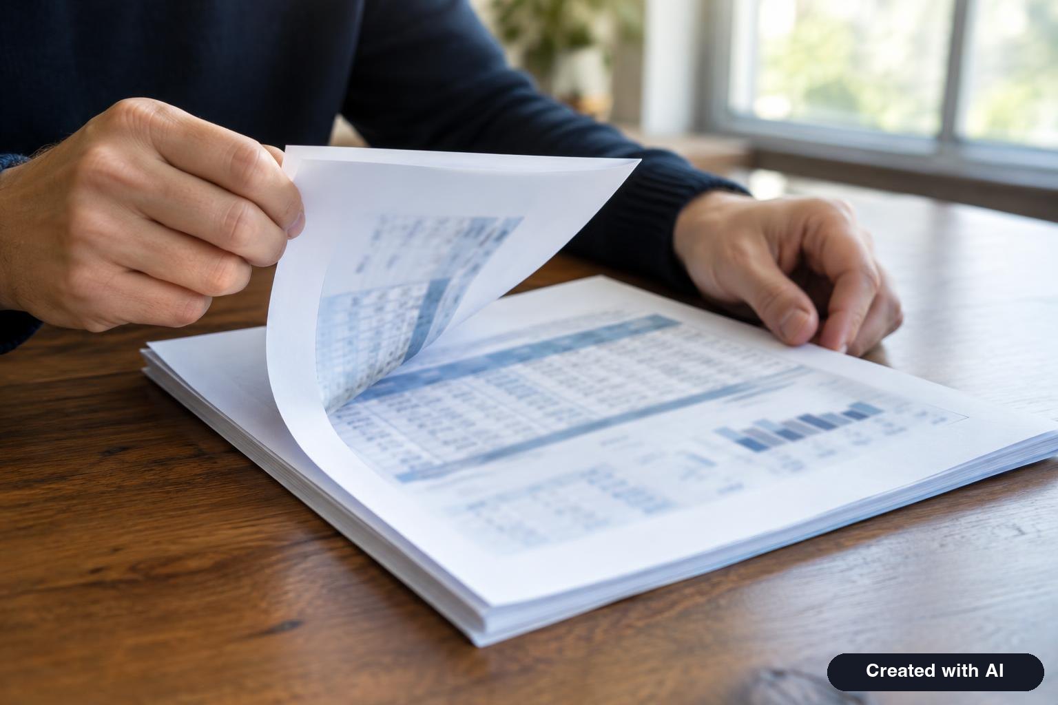 Hands turning pages of a printed report at a table