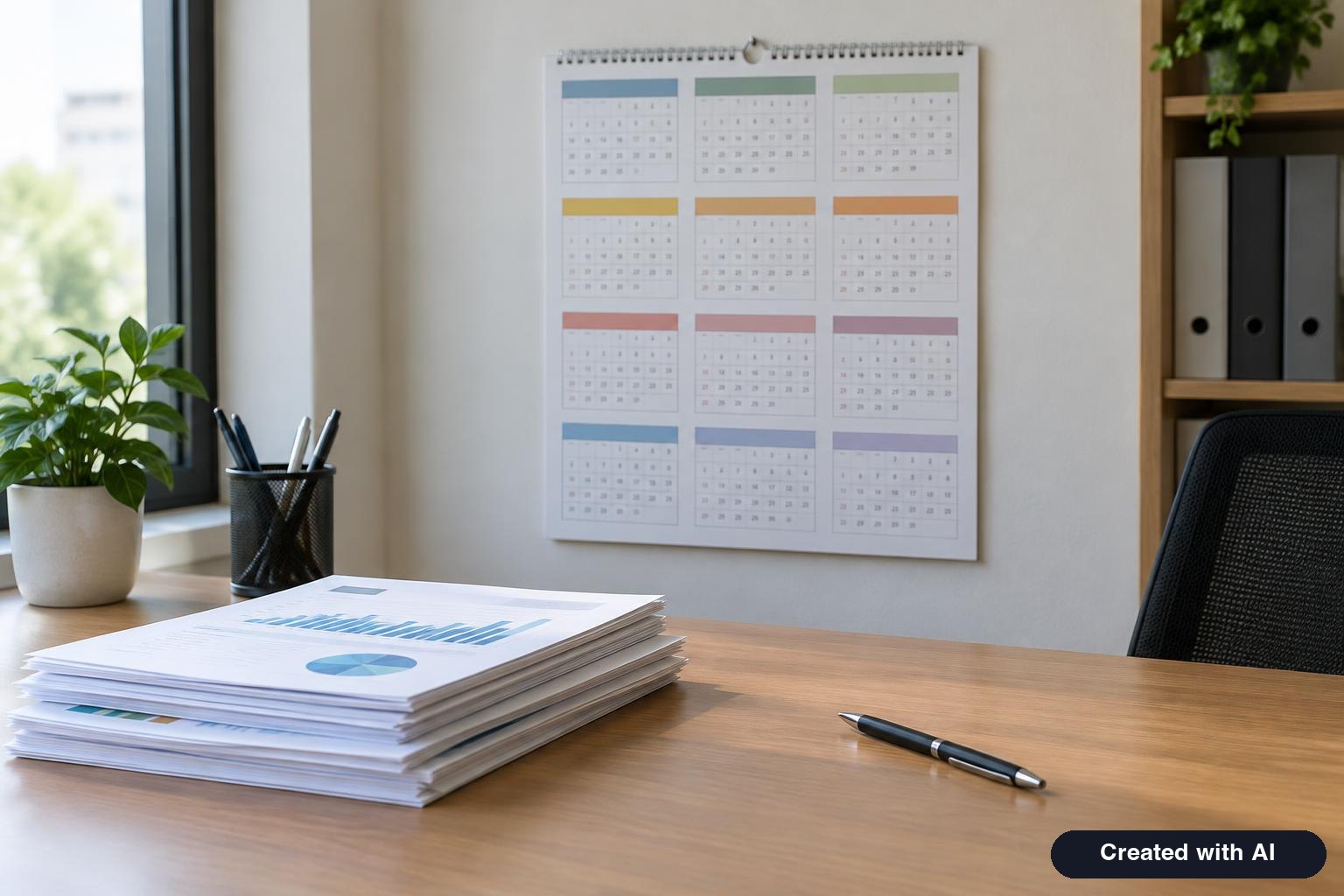 A wall calendar and a stack of printed reports on a desk