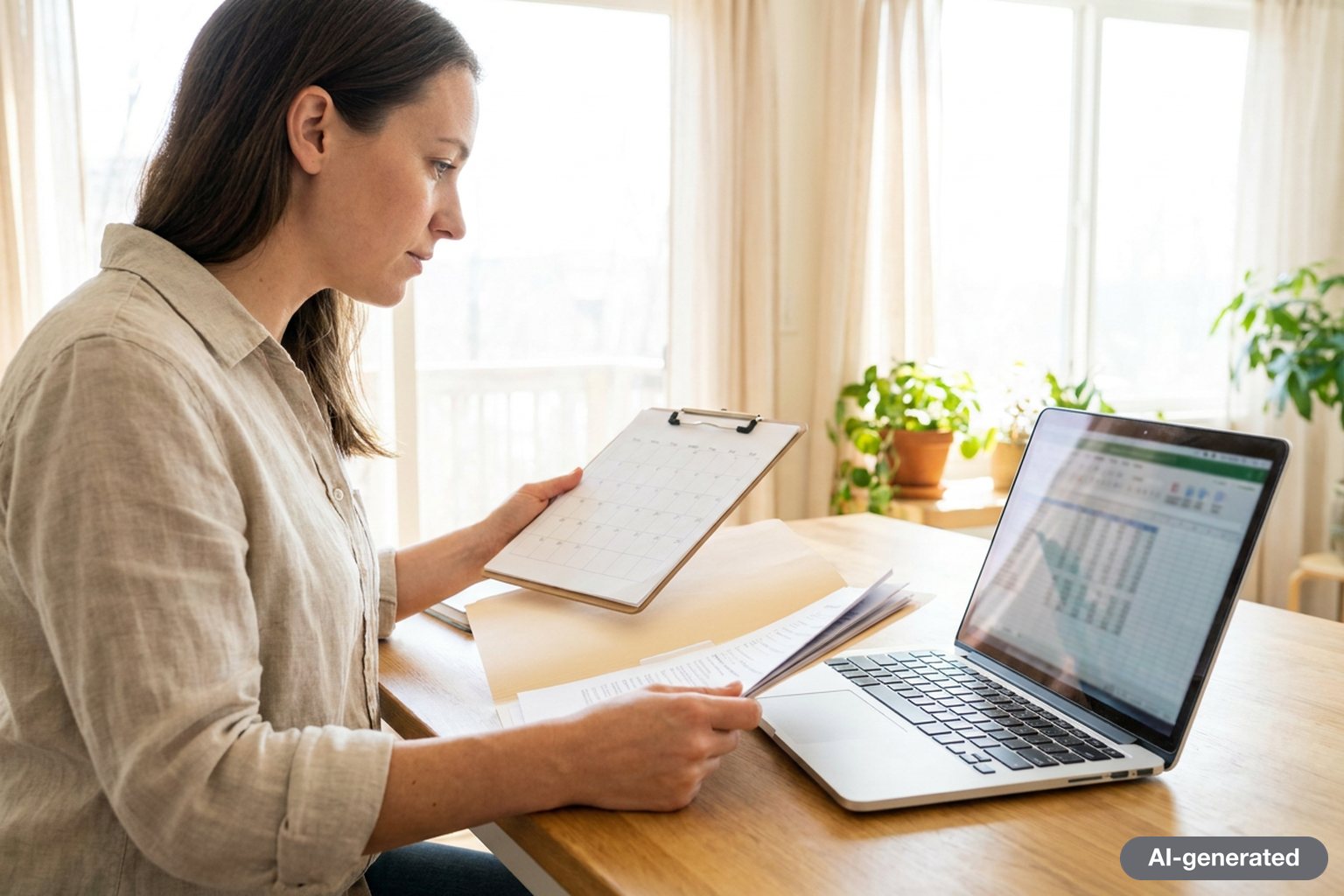 A person at a kitchen table comparing a printed calendar with immigration paperwork and a laptop in daylight