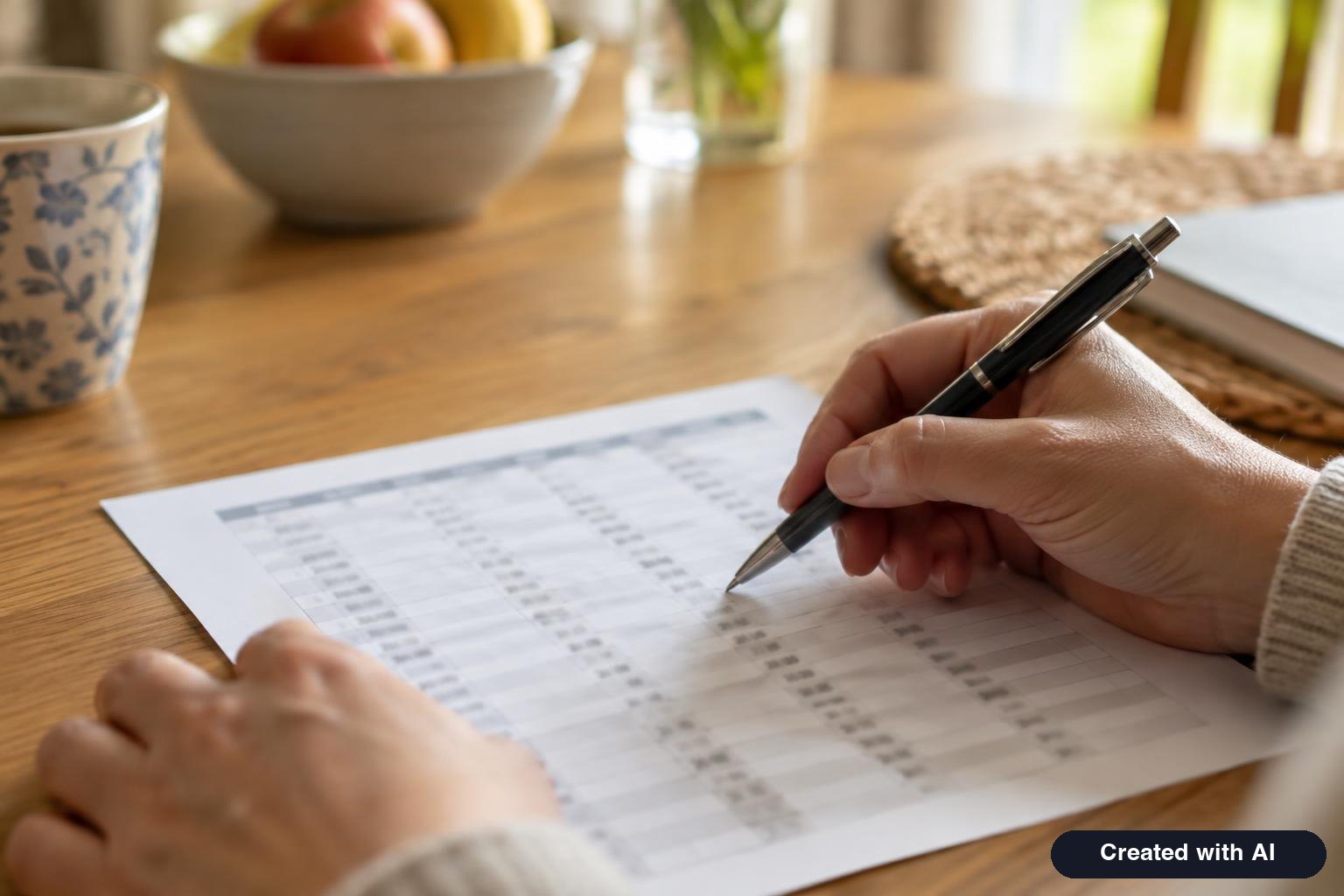 A person reviewing a printed chart with a pen