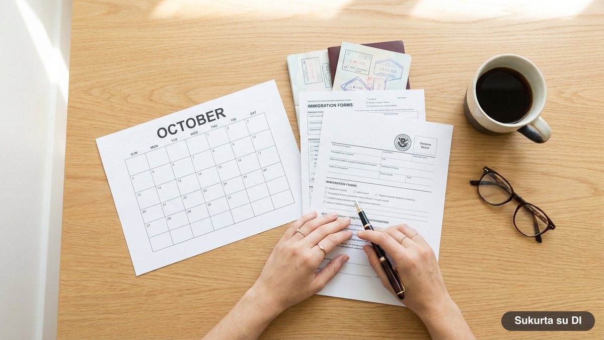 Immigration paperwork and a calendar on a desk