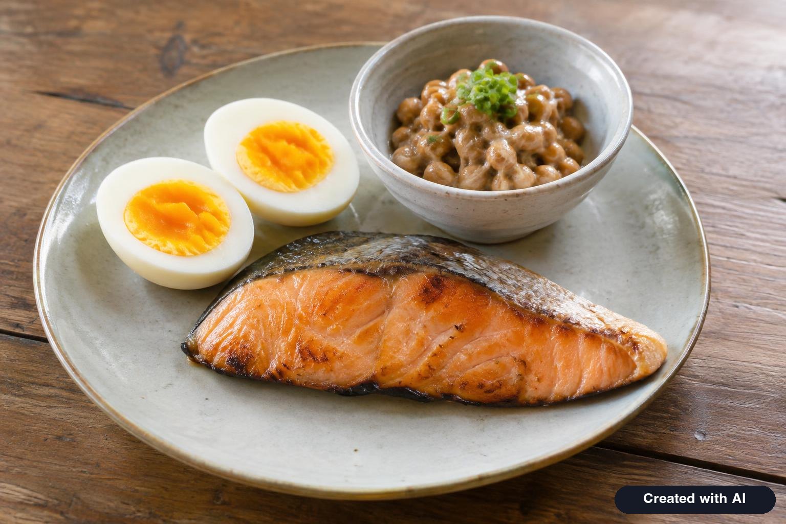 A plate with salmon, eggs and a small bowl of natto on a table