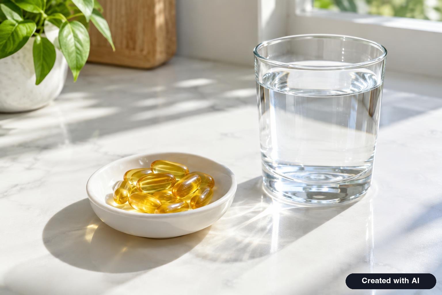 Softgel capsules and a glass of water on a bright kitchen table
