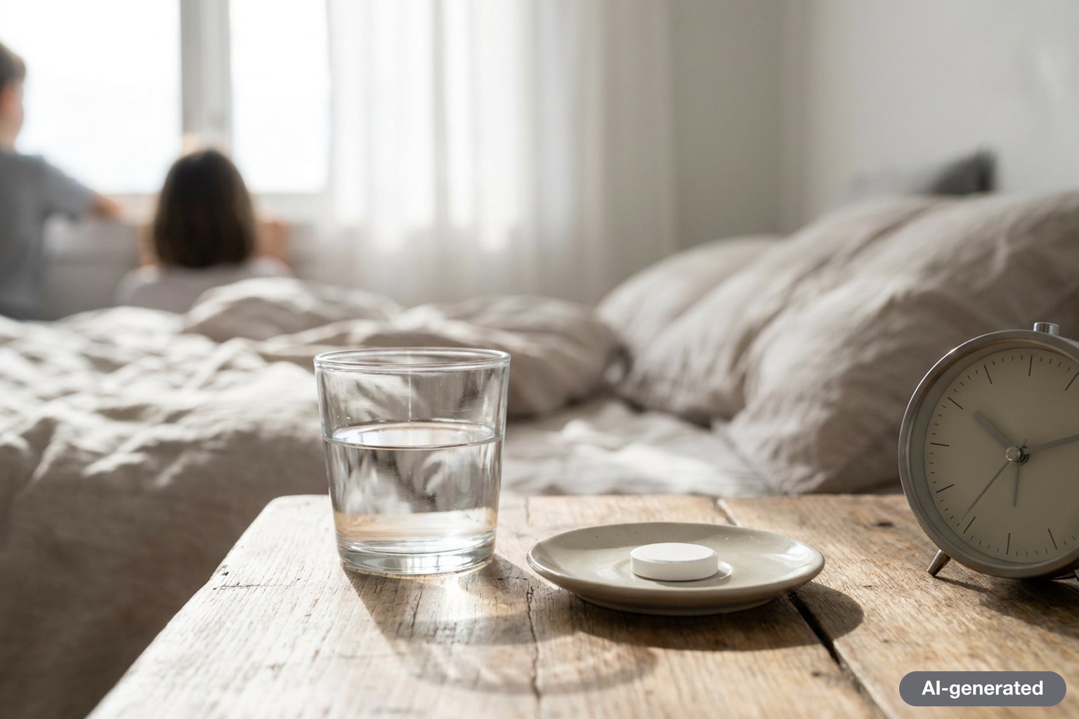 A small glass of water and a single white tablet on a bedside table in soft morning light
