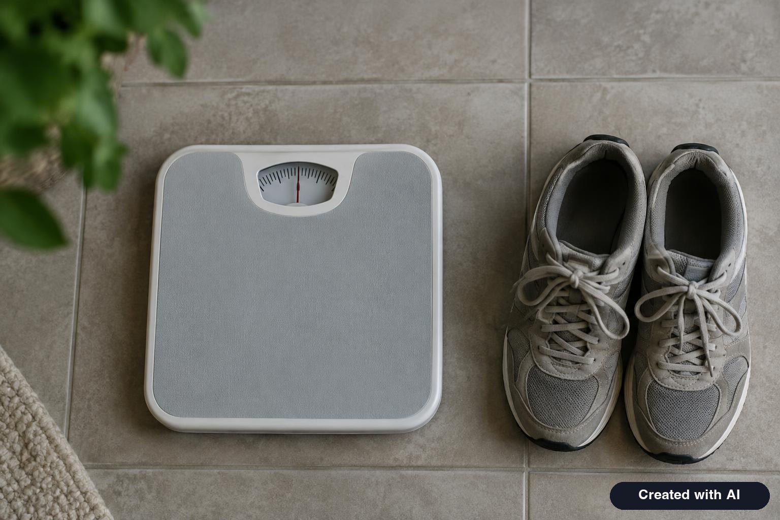 A bathroom scale on a tile floor next to a pair of walking shoes