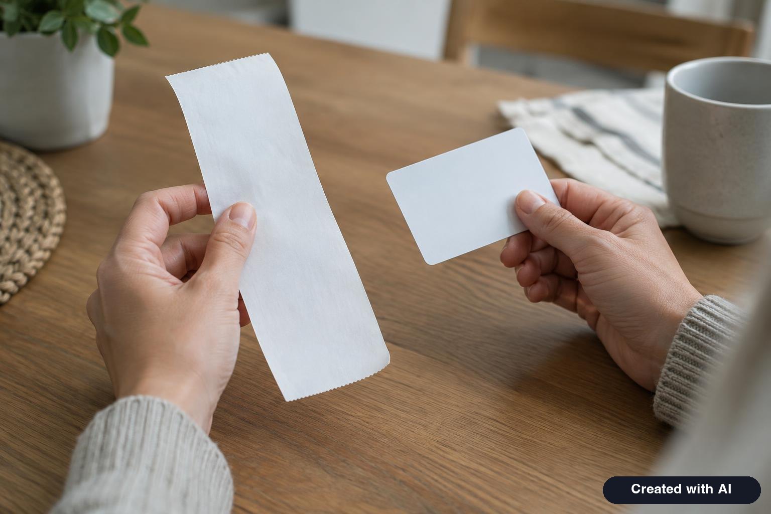A person's hands holding a pharmacy receipt and an insurance card at a kitchen table