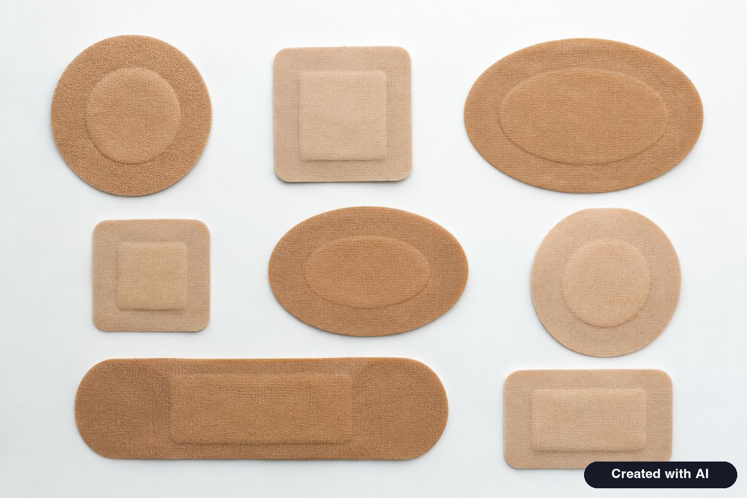 Assorted plain adhesive patches in different shapes laid out on a white surface