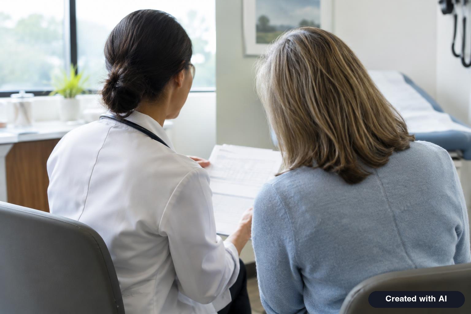 Doctor and patient seated in an exam room reviewing a chart together