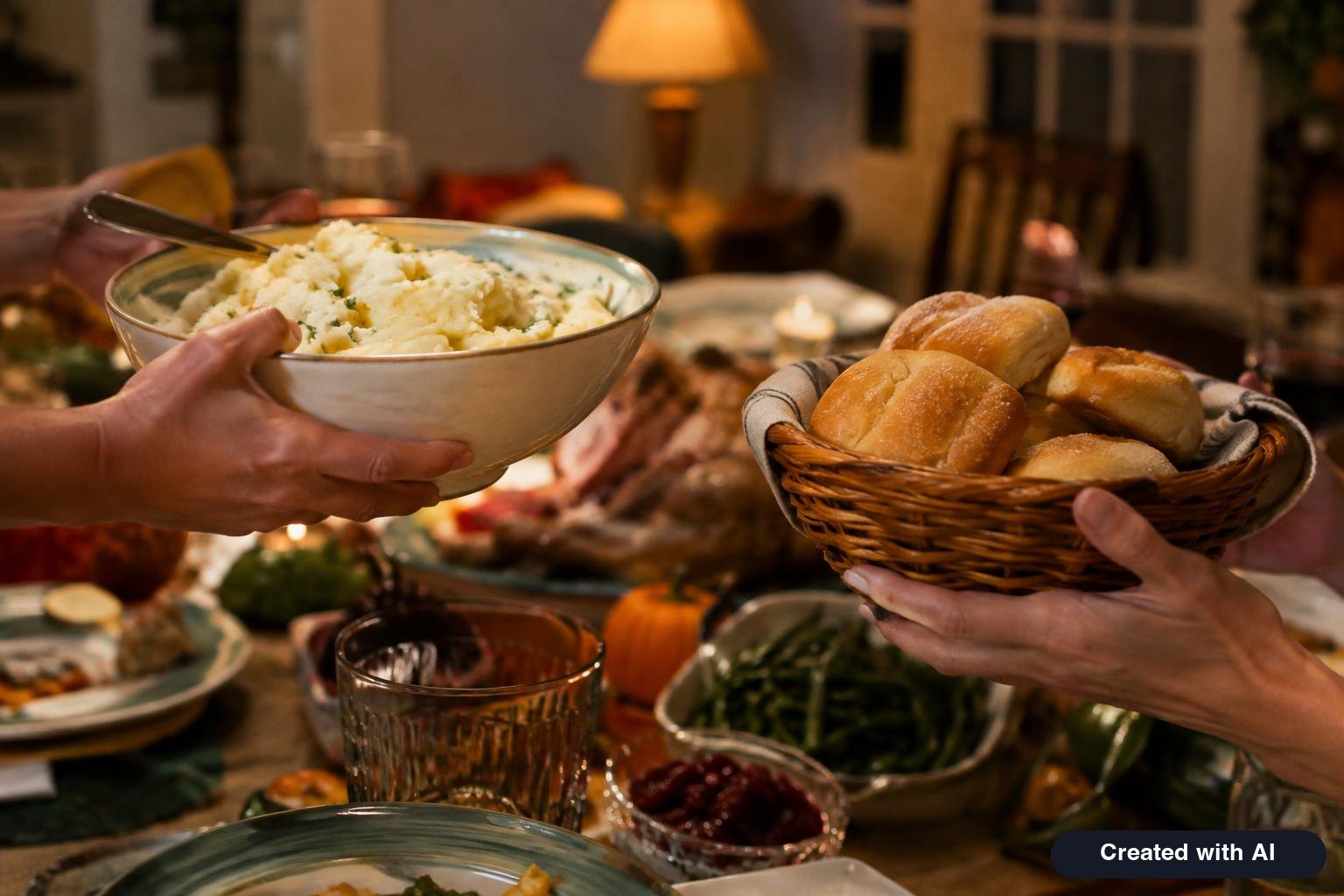 Friends passing dishes across a crowded dinner table, hands and plates only, warm evening light