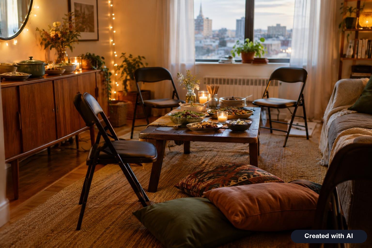 Small apartment living room arranged for a Friendsgiving buffet with folding chairs and dishes on a sideboard