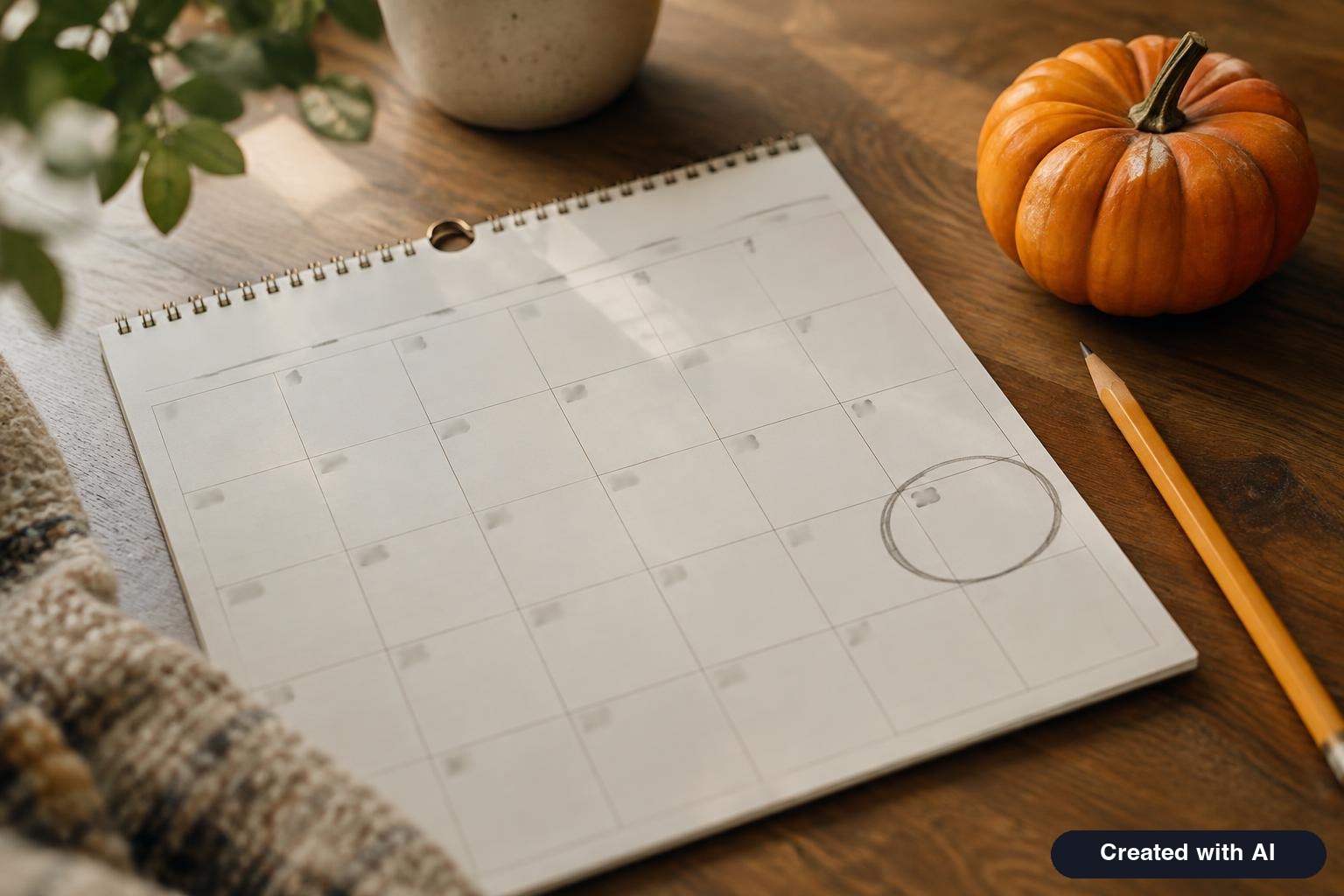 Wall calendar page for November with a weekend circled in pencil next to a small pumpkin