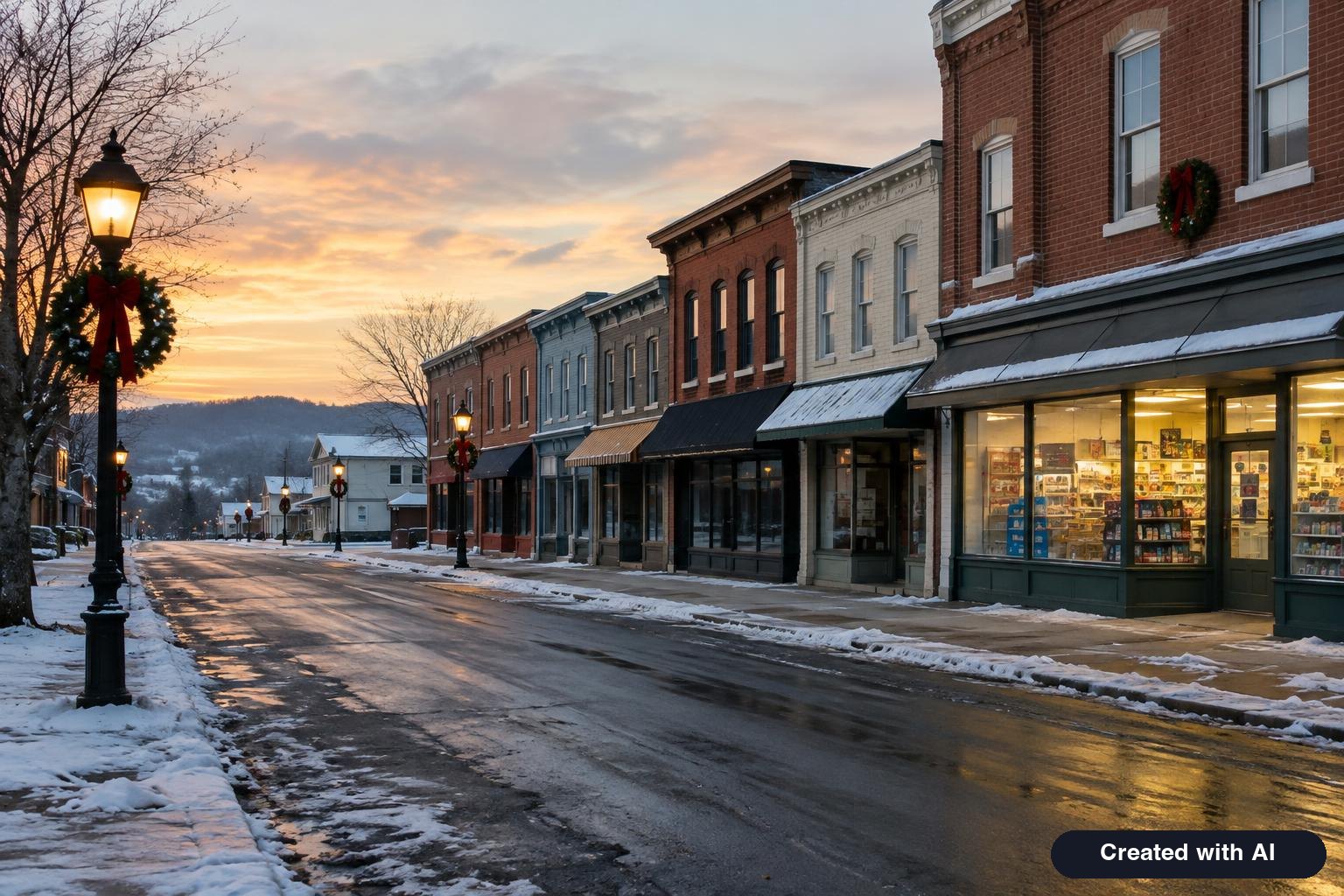 A quiet small-town main street on Christmas morning with closed storefronts and one lit convenience store