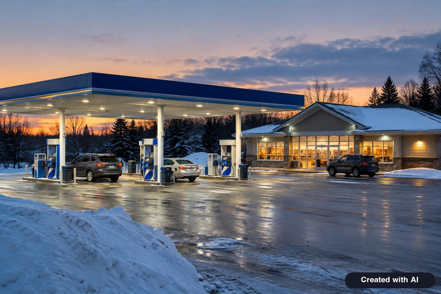 A brightly lit gas station and convenience store at dusk in winter with a few cars at the pumps