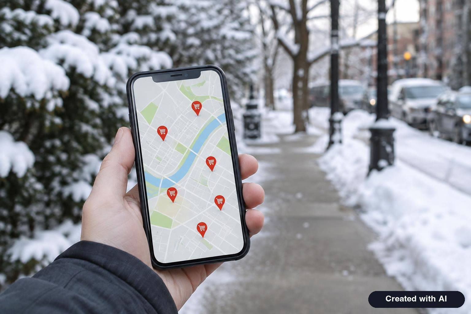 A hand holding a smartphone showing a generic map with store pins, a winter street in the background
