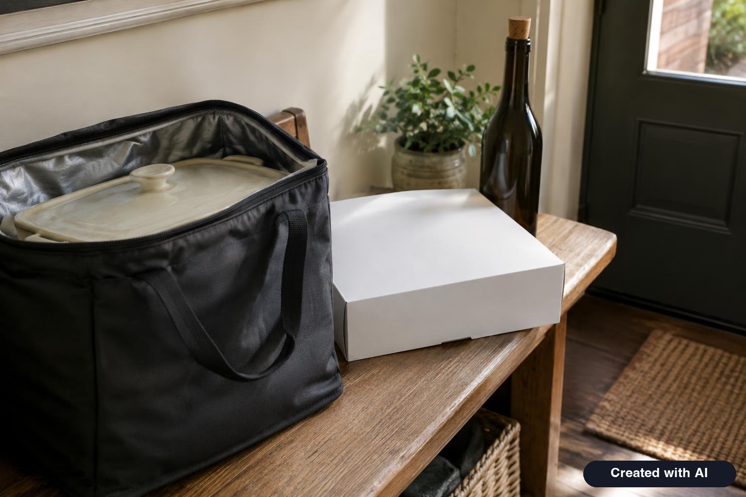 Covered casserole dish in an insulated carrier next to a pie box and a bottle of sparkling cider by a front door