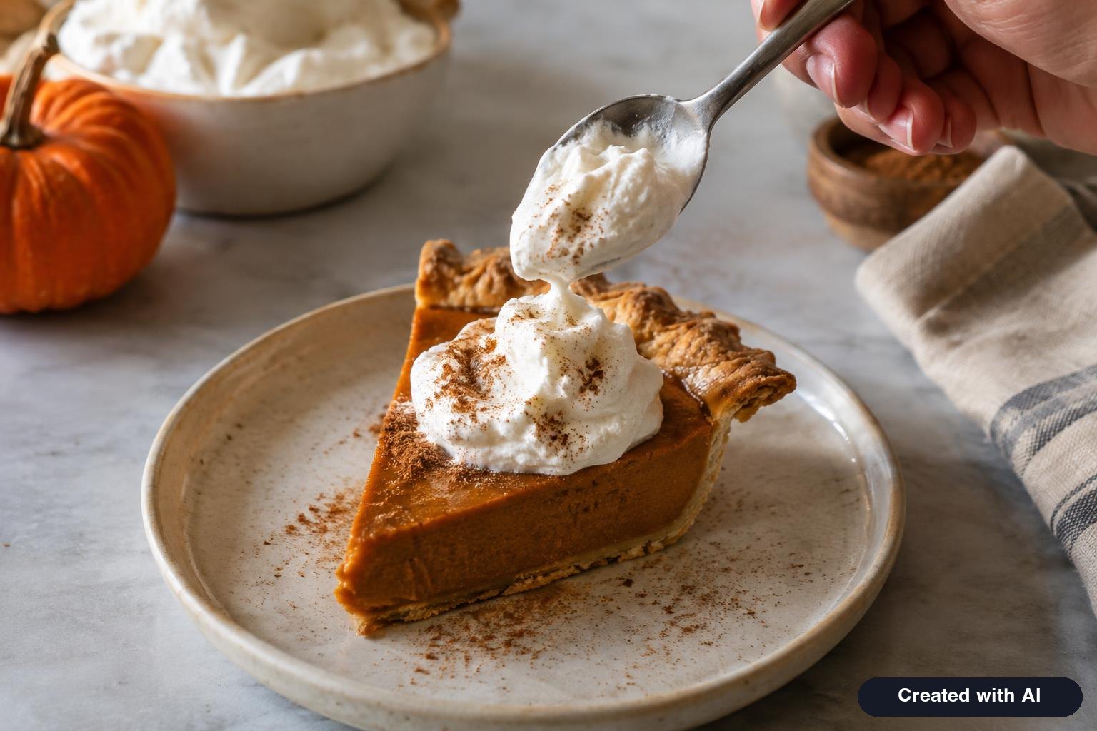 Store-bought pumpkin pie on a ceramic plate being topped with fresh whipped cream and cinnamon
