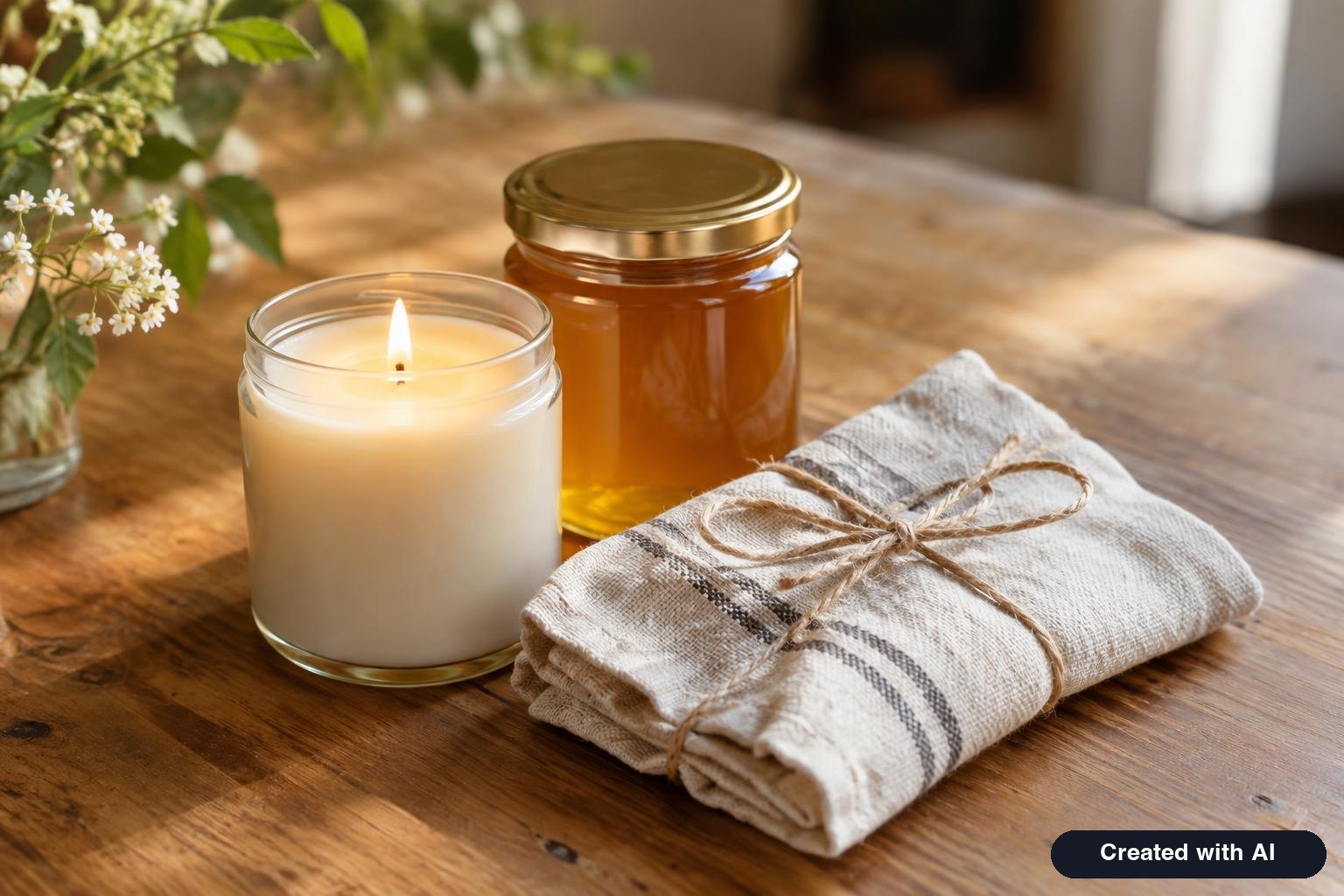 Small host gift of a candle, jar of honey and linen tea towel tied with twine on a wooden table