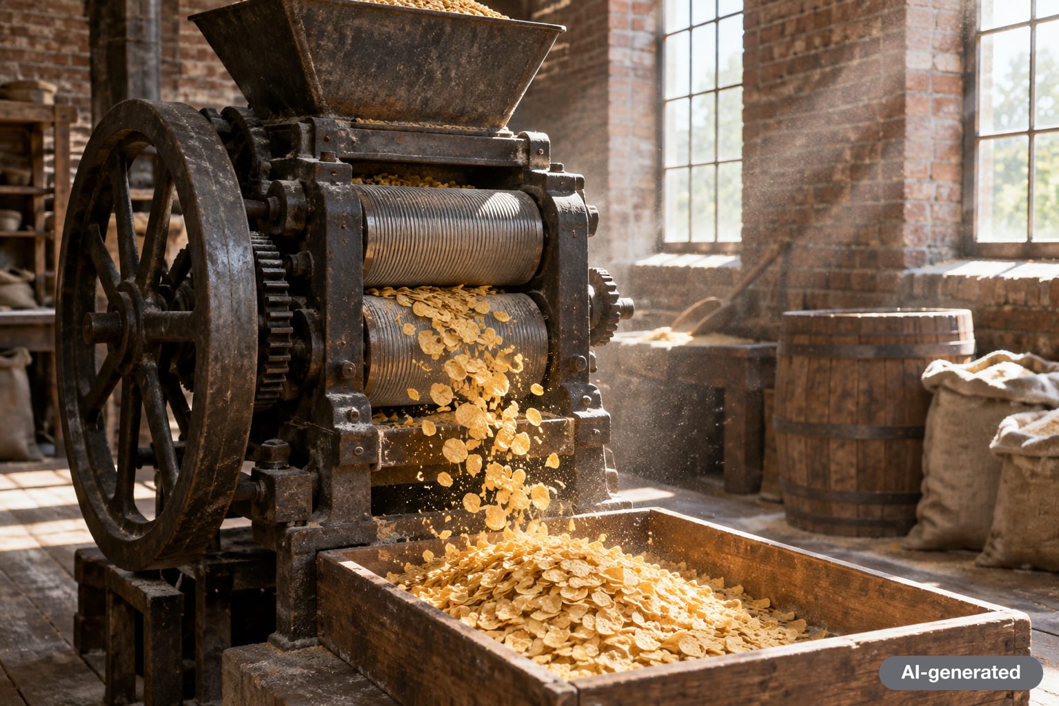 Turn-of-the-century cereal rolling machine with thin golden flakes spilling onto a wooden tray in a sunlit workshop