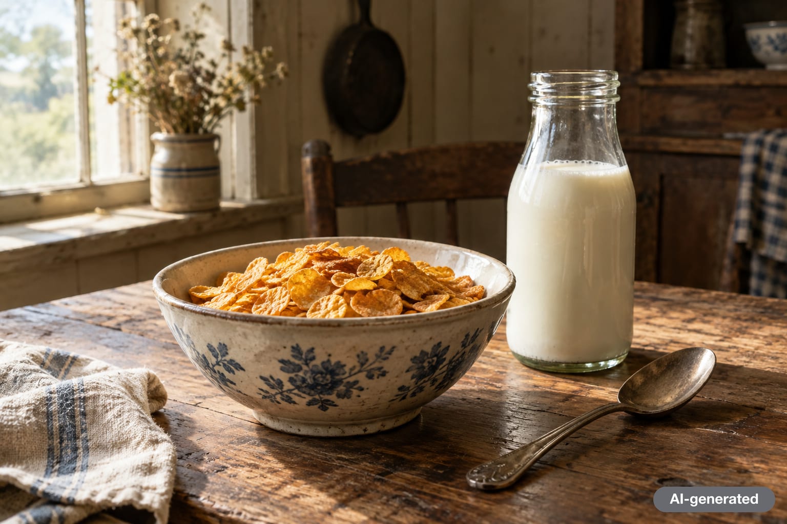 Vintage bowl of toasted corn flakes on a wooden table