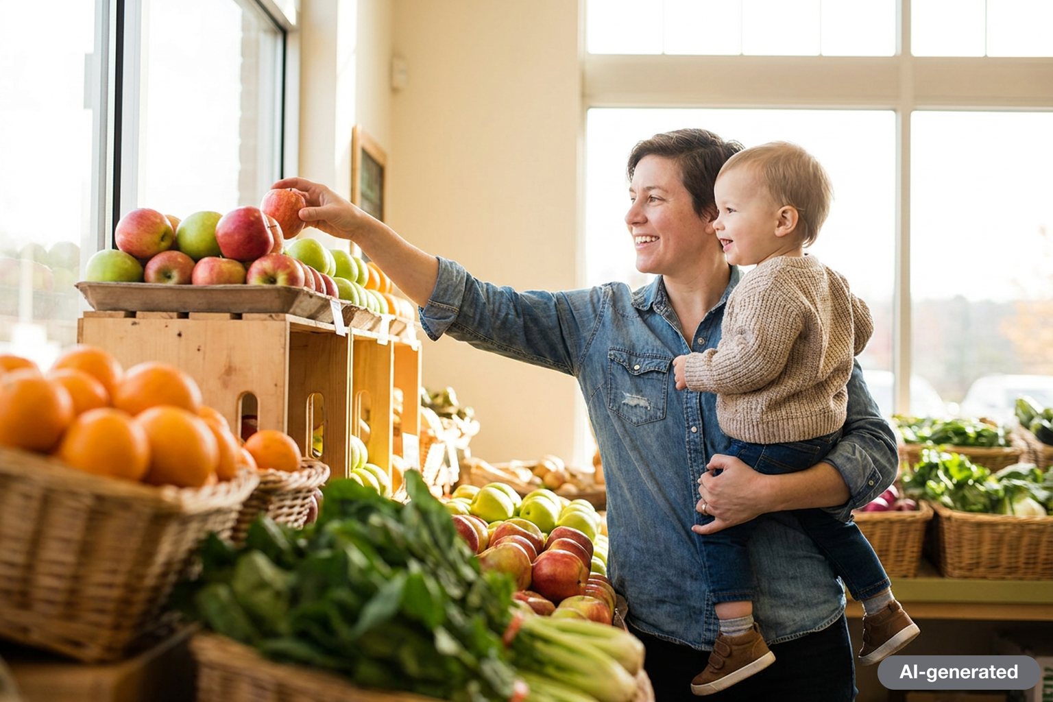 A parent holding a toddler while choosing fresh fruit and vegetables in a bright grocery store produce section