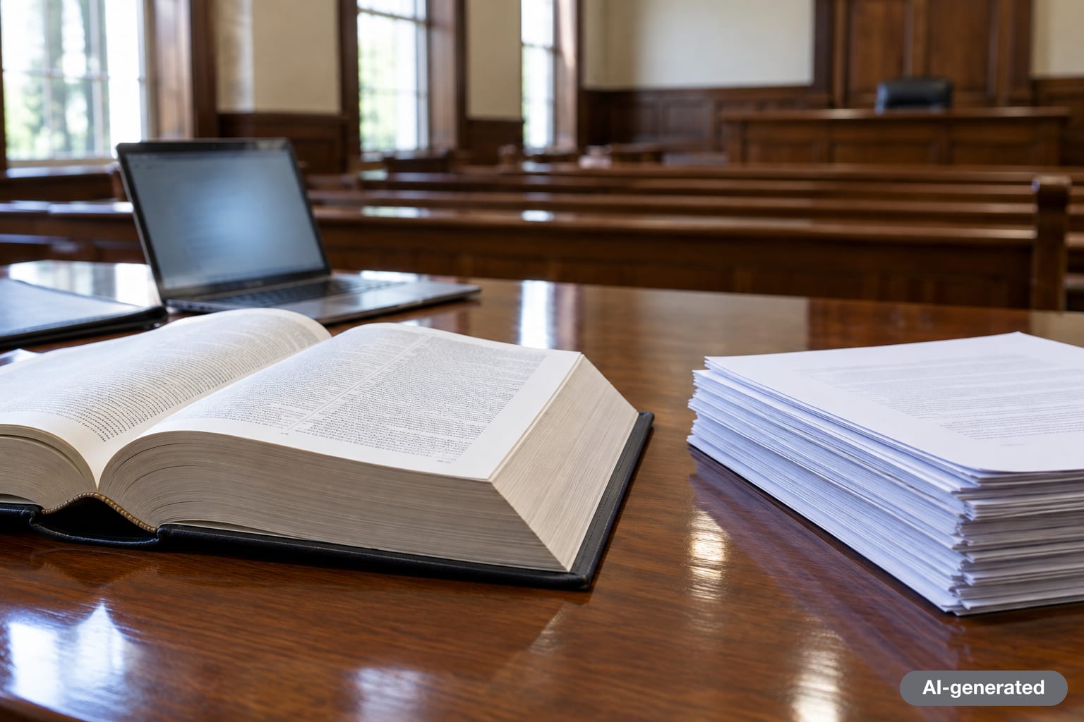 An open law book and printed court papers on a wooden courtroom table, with a laptop glowing in the background