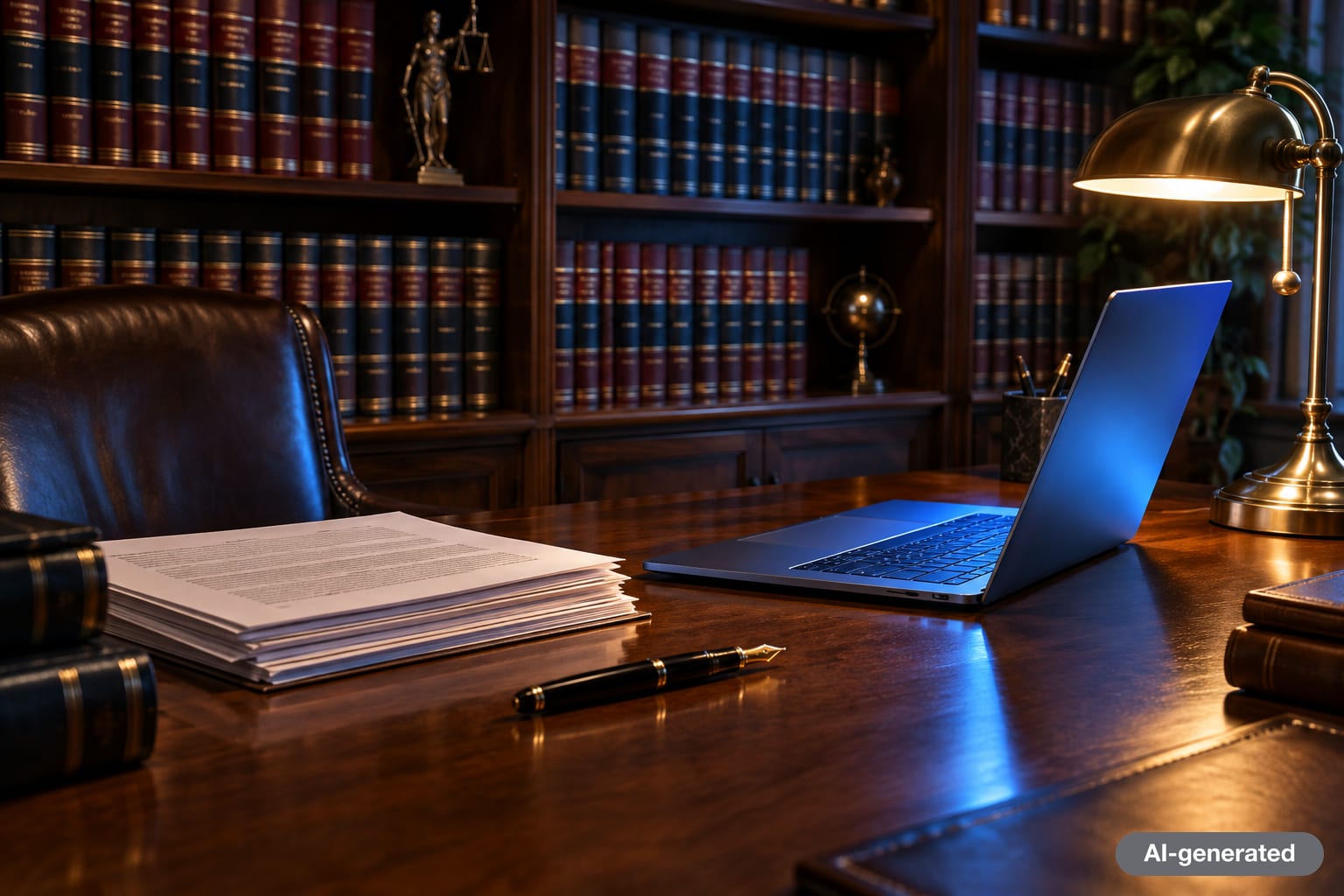 Law books and a laptop on a desk, illustrating artificial intelligence in legal work