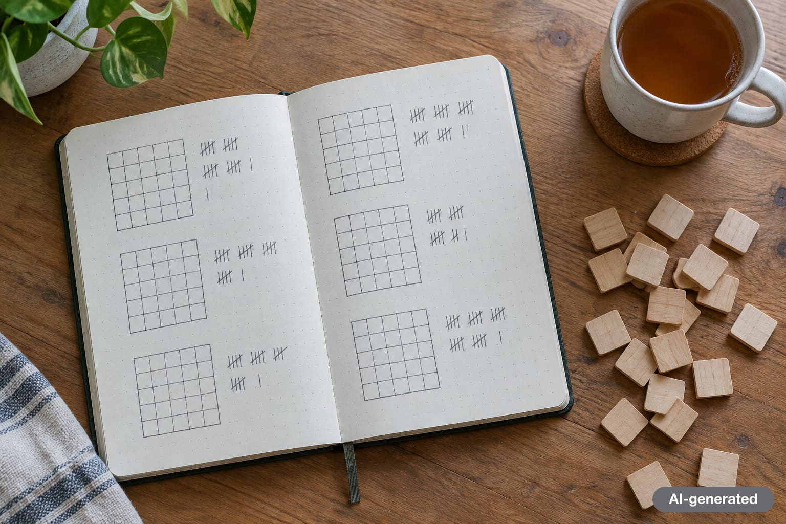 A notebook page with handwritten grids of empty squares and pencil tally marks next to blank wooden game tiles