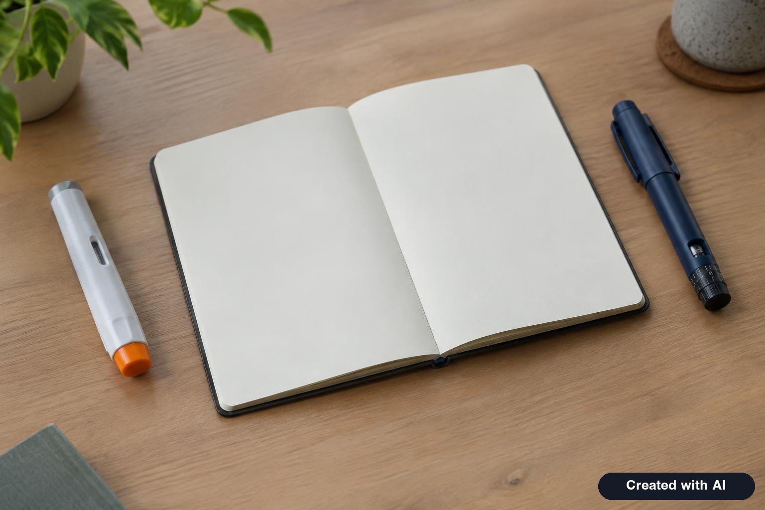 A single unbranded auto-injector pen and a separate dial-style pen on opposite sides of a notebook