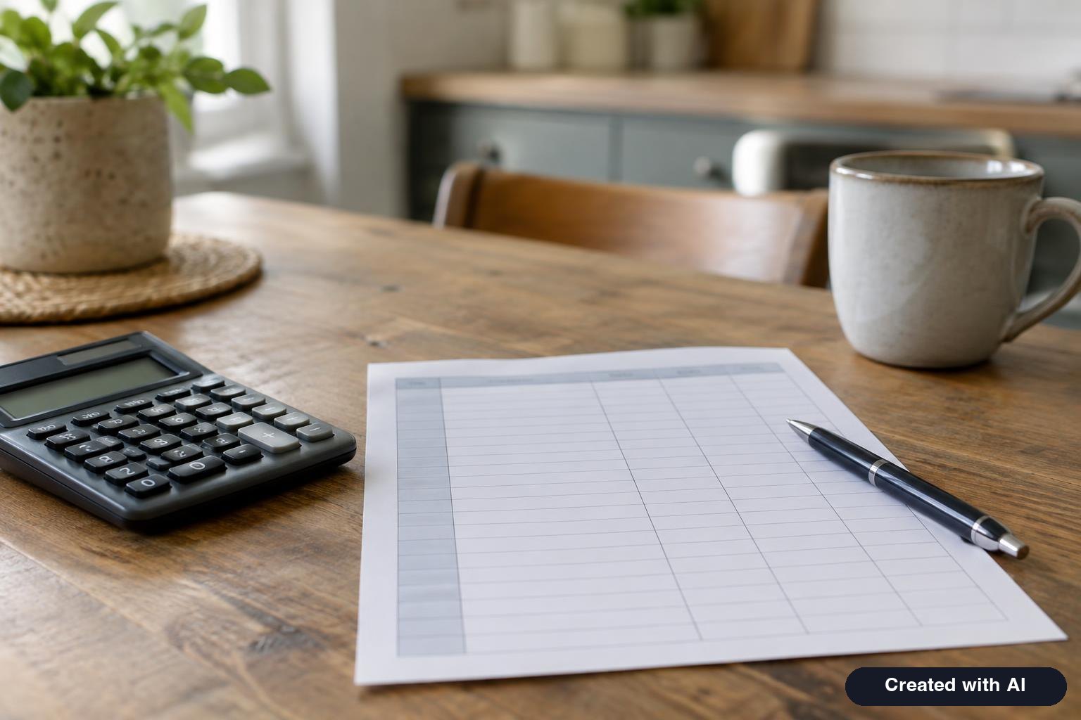 A calculator, a pen and a monthly budget sheet with blank lines on a kitchen table