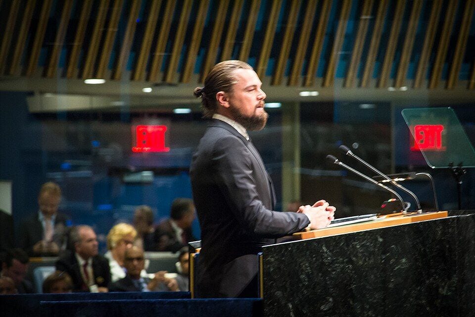 Leonardo DiCaprio speaking at the UN Climate Summit in 2014