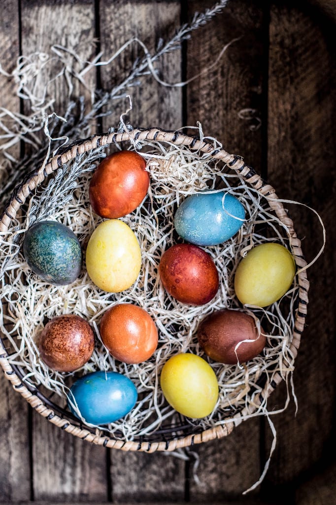 Decorated eggs in a basket